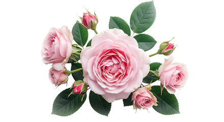 Cluster of light pink roses and buds with green leaves on a black background rose buds flowers isolated on a transparent background