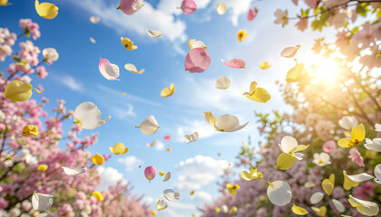 Cherry Blossom Petals Floating in Blue Sky Spring Background.