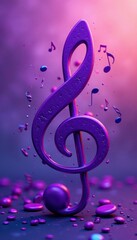 Flat purple music clef with notes, thin border, decorative border, bass clef, musical notation