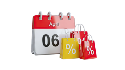 3D April 6th Shopping Bags with Percentage Signs on transparent background
