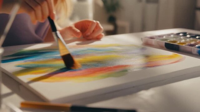 Artist creating vibrant watercolor landscape painting in sunlit studio creative process artistic inspiration visual scene