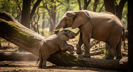 Naklejka premium A large elephant gently interacts with a smaller elephant playing on a fallen tree trunk in a