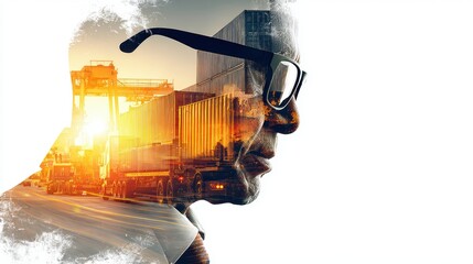 Double exposure photography of engineer man and the business Logistics and transportation of Container Cargo ship and Cargo plane with working crane bridge