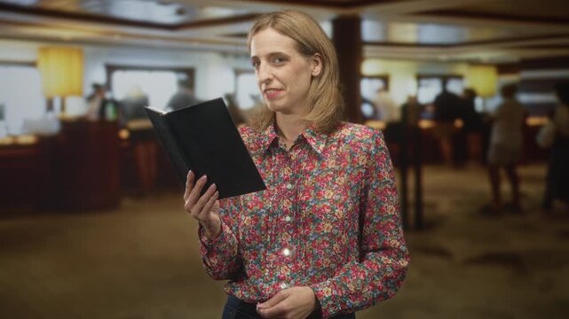 Blonde woman reading a black booklet, left hand holding pages and right hand gesturing while standing in a hotel lobby at the reception desk; quiet concentration.