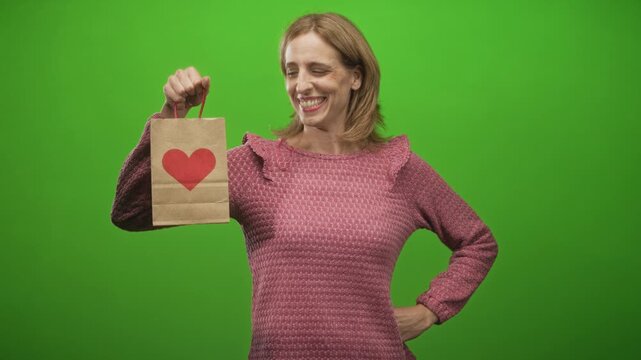 Woman holds paper bag with red heart, hand on hip and smiling while holding bag up in studio; joyful love.