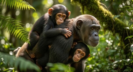 A chimpanzee mother and her two adorable baby chimps playing together in a lush green forest with