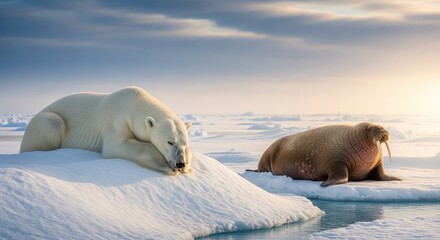 Fototapeta premium A polar bear and a walrus rest on separate ice floes in a serene Arctic landscape with a cloudy sky