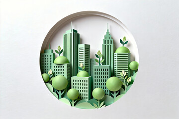 Stylized paper art of a green eco city with modern buildings and lush greenery, showcasing sustainable urban design and nature integration.