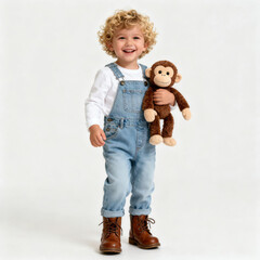 Smiling Toddler with Plush Monkey in Overalls
