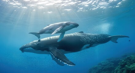 Obraz premium Two gray whales and a calf swim together underwater near a coral reef with sunbeams filtering