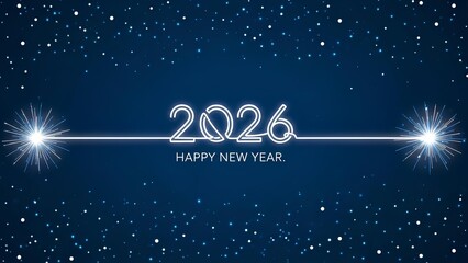 Vibrant New Year 2026 celebration banner with sparkling lights and a dynamic glowing text design on a starry dark blue background, symbolizing joy and anticipation for the future