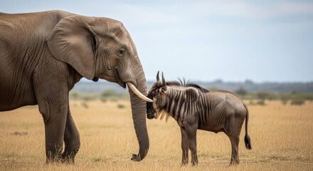 Fototapeta premium An elephant and a zebra interacting in a savannah with dry grass under a cloudy sky.