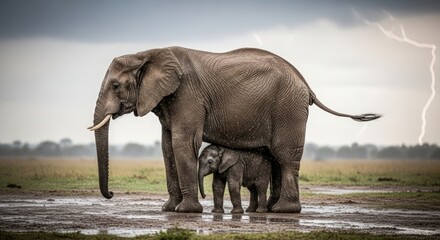 A large elephant protects a small elephant calf under a stormy sky with lightning in the savannah.