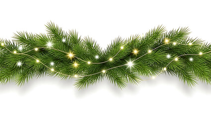 christmas tree branch with string lights on white background for holiday decoration