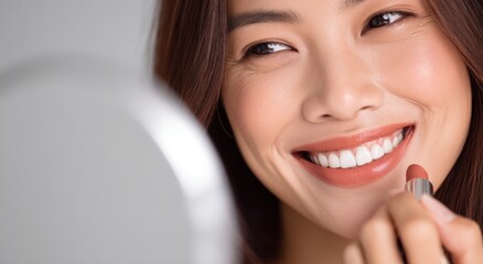 Woman applying terracotta lipstick while smiling at a mirror reflection.
