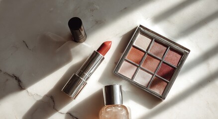 Cosmetics arranged on a light marble surface with strong sunlight shadows.