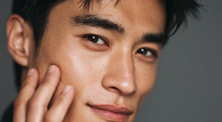 Close up of man touching cheek with fingers against gray background