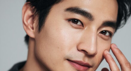 Extreme close-up portrait of a man touching his face skin.