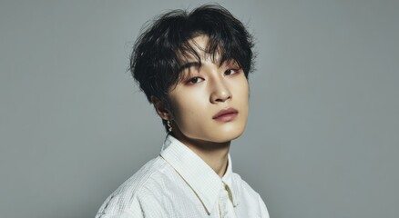 Young man with dark hair and makeup against gray background.