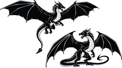Black dragon silhouette vector, flying and standing pose, fantasy creature illustration, mythical beast, powerful wings, sharp claws, detailed design, epic art © Parvej Creatives