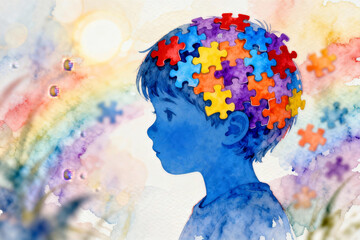 Watercolor illustration of a child with colorful puzzle pieces on head, symbolizing autism and neurodiversity. Soft rainbow background, artistic and expressive style.