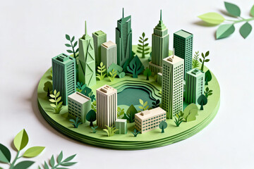 A detailed paper craft model of a green eco city with skyscrapers, buildings, and lush greenery, showcasing sustainable urban design through paper art.