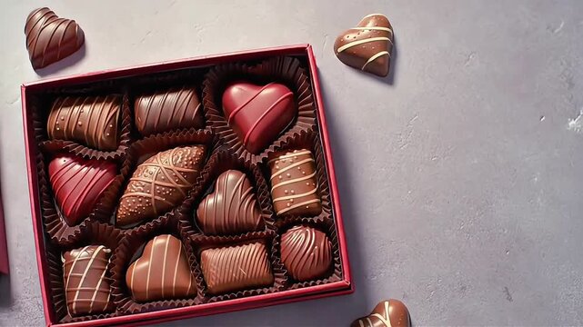 Overhead view of assorted chocolates in a red gift box with heart-shaped treats on a gray surface for Valentine's Day.