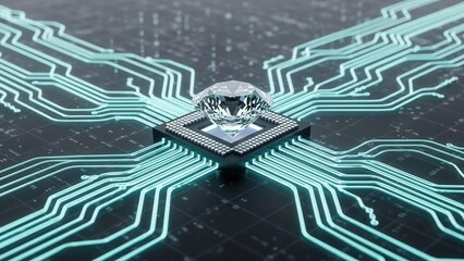 Advanced Microchip with Glowing Circuitry and Digital Brain Symbol on Dark Background Representing Artificial Intelligence and Technology