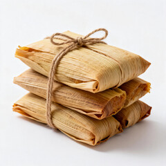 Three tamales wrapped in corn husks, tied with jute string, stacked on white background. Traditional Mexican dish, showcasing culinary presentation and cultural food. 
