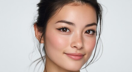 Close up portrait of smiling woman with natural makeup and freckles.
