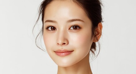 Close up portrait of young woman with clear skin and soft smile.