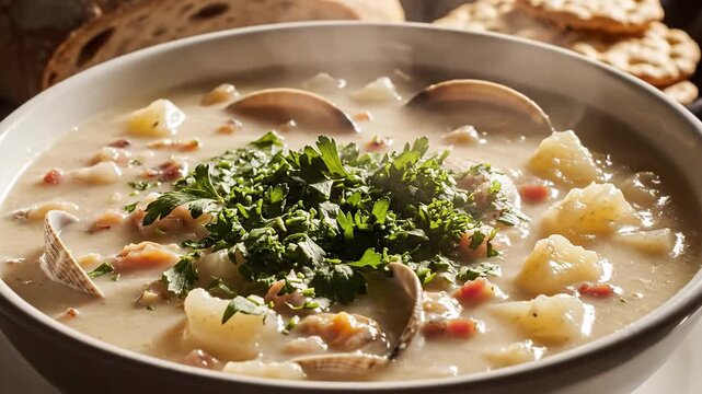 Steaming Hot Creamy Clam Chowder with Fresh Clams, Potatoes, Bacon, and Parsley in a White Bowl
