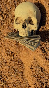 Skull With Money on Ground Symbolizes Greed, Mortality. Skull on ground with bundles cash dollars. Wealth, death, greed, human nature. Skeleton with money. Skull with dollar bills money. Dead.