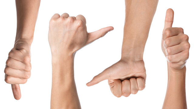 Men showing thumbs-up on white background, closeup. Collection of male hands