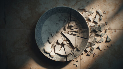 Broken ceramic plate shattered on the floor with scattered fragments, accident concept showing household damage, mess and cleanup aftermath on kitchen tile.