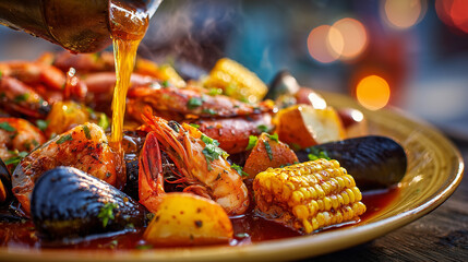 Bucket of seafood boil spilling onto a golden plate with shrimp, crab, clams, and corn, rich buttery Cajun feast, messy abundant shellfish dinner concept.
