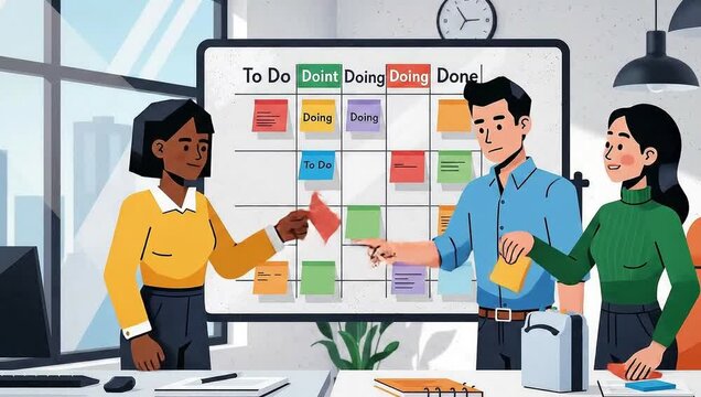 Business team collaborating on agile project management using a Kanban board with sticky notes in an office.