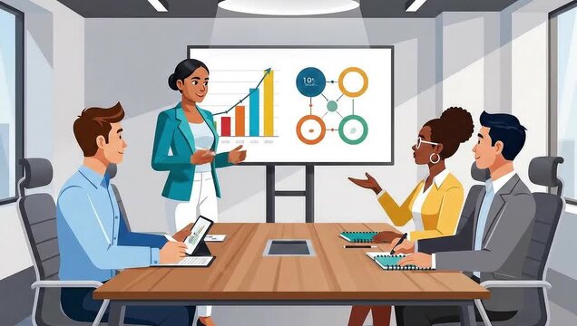 Businesswoman Leading Presentation with Data & Charts to Diverse Team in Modern Meeting Room