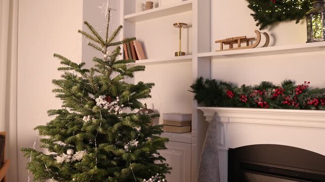 Beautiful Christmas tree and decorative gnome near fireplace at home
