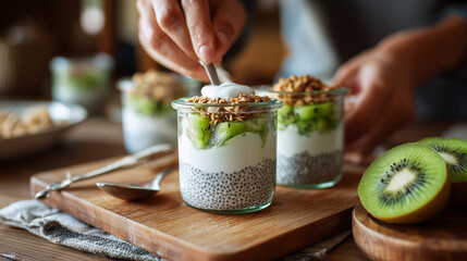 Close up of hands preparing chia pudding topped with fresh kiwi slices, healthy breakfast concept, natural light, clean kitchen setting, nutritious plant based food.