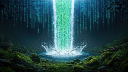 Digital Waterfall Flowing From Above Onto Mossy Forest Floor With Binary Code Rain In Dark Atmosphere