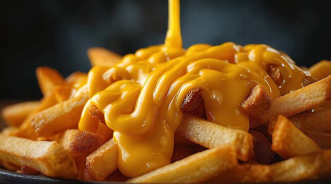 Golden fries smothered in creamy cheese, an indulgent snack, full of flavor