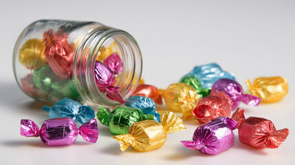 Glass jar spilling colorful wrapped candies onto a clean white background, forming a vibrant pile of sweets, playful studio food concept with bright confectionery treats.