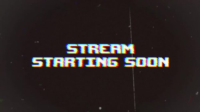 Stream Starting Soon Glitch Text Animation with VHS Effect on Black Background. Ideal for live streamers, gamers, and content creators as a captivating pre-show or waiting screen.