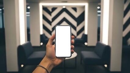Modern lounge scene with a person holding a blank smartphone screen.