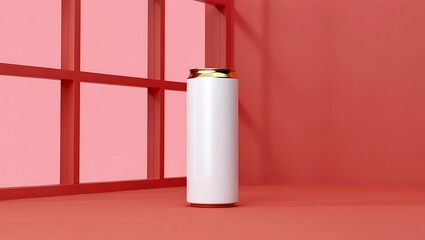 Minimalist White Can on Red Background with Geometric Shelves