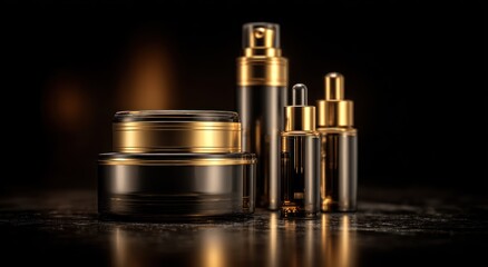 Luxury cosmetic containers with black and gold accents against dark background.