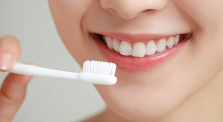 Close up of smiling mouth brushing teeth with white toothbrush