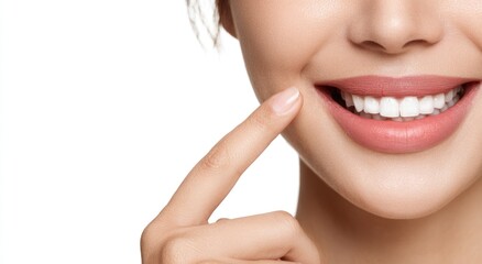 Woman smiling showing perfect white teeth while touching corner of mouth.