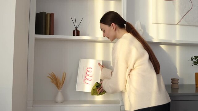 Woman wiping dust from shelf and frame at home